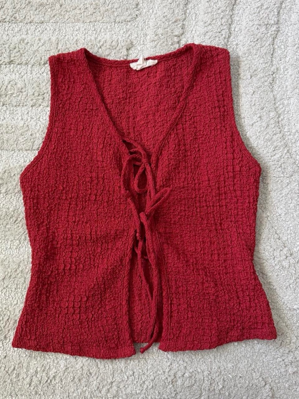 See You Monday Red Textured Tie-Front Tank Top
